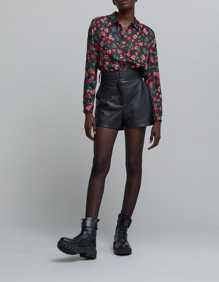 Zwart dameshemd met bloempixelprint-1