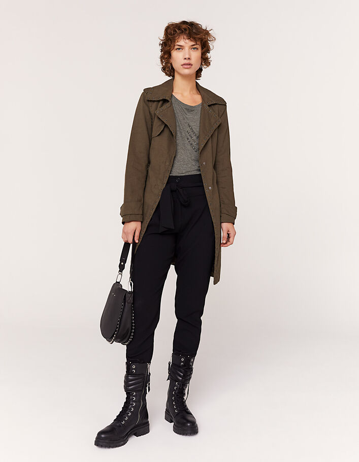 Langer, khaki Damentrenchcoat aus Leinen mit Ösen-2