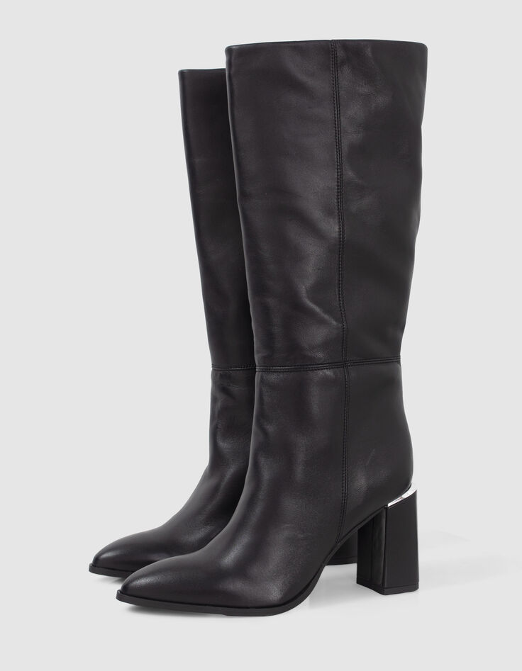 Women’s black leather heeled boots with metal bar-2