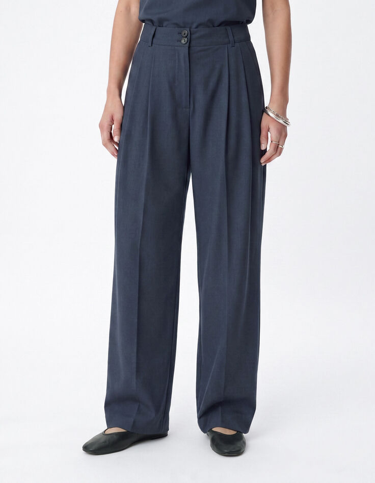 Pantalon large pliss&eacute; bleu gris Femme-2