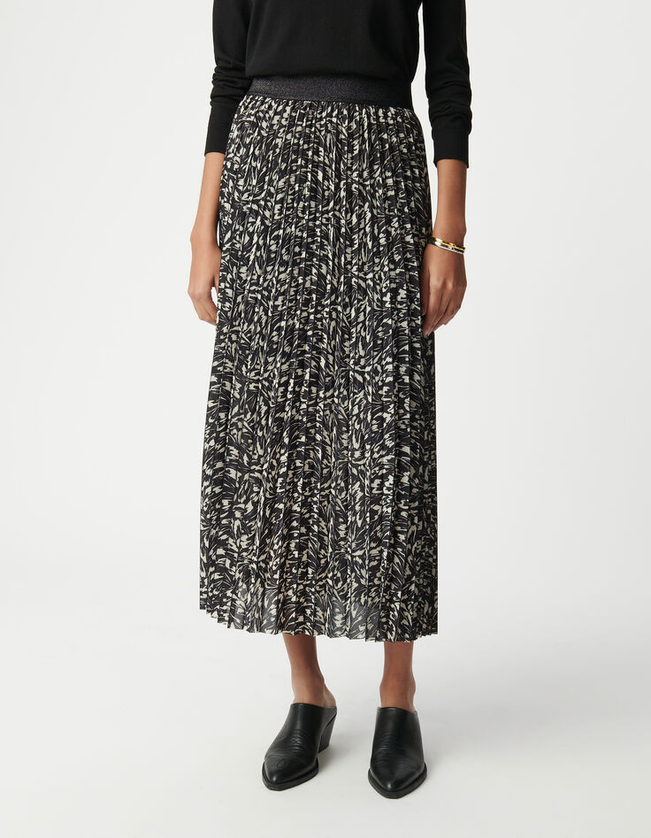 Jupe longue pliss&eacute;e noire imprim&eacute; minimal flower Femme-2