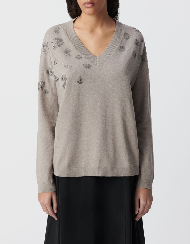 Sesam-Strickpullover Leopardenmuster Mikro-Nieten Damen-2