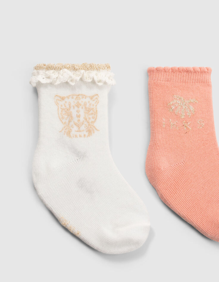 Pfirsichrote, weiße und goldfarbene Socken für Babymädchen-5