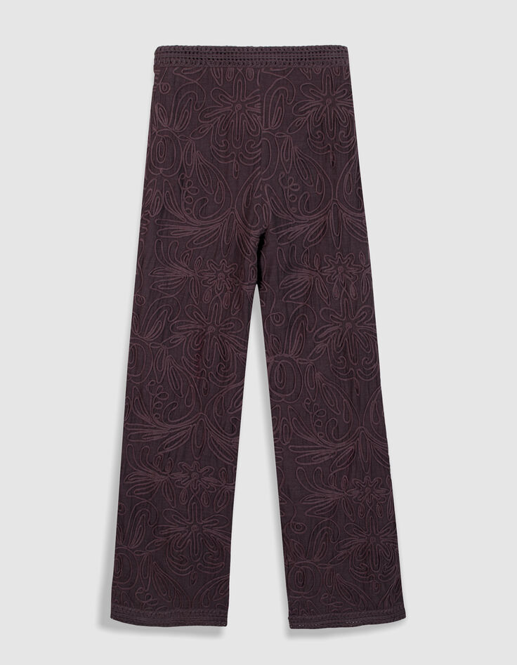 Pantalon large bordeaux motifs brod&eacute;s crochet Femme-7