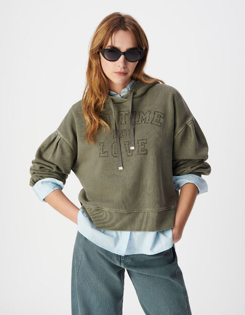 Kapuzenpulli khaki aus Bio-Baumwolle mit gestickter Botschaft Damen - IKKS