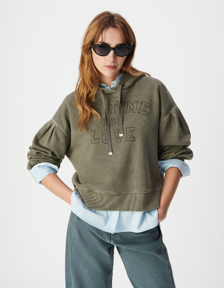 Kapuzenpulli khaki aus Bio-Baumwolle mit gestickter Botschaft Damen-2