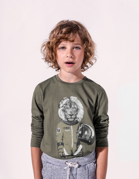Kaki T-shirt opdruk leeuw-astronaut jongens 