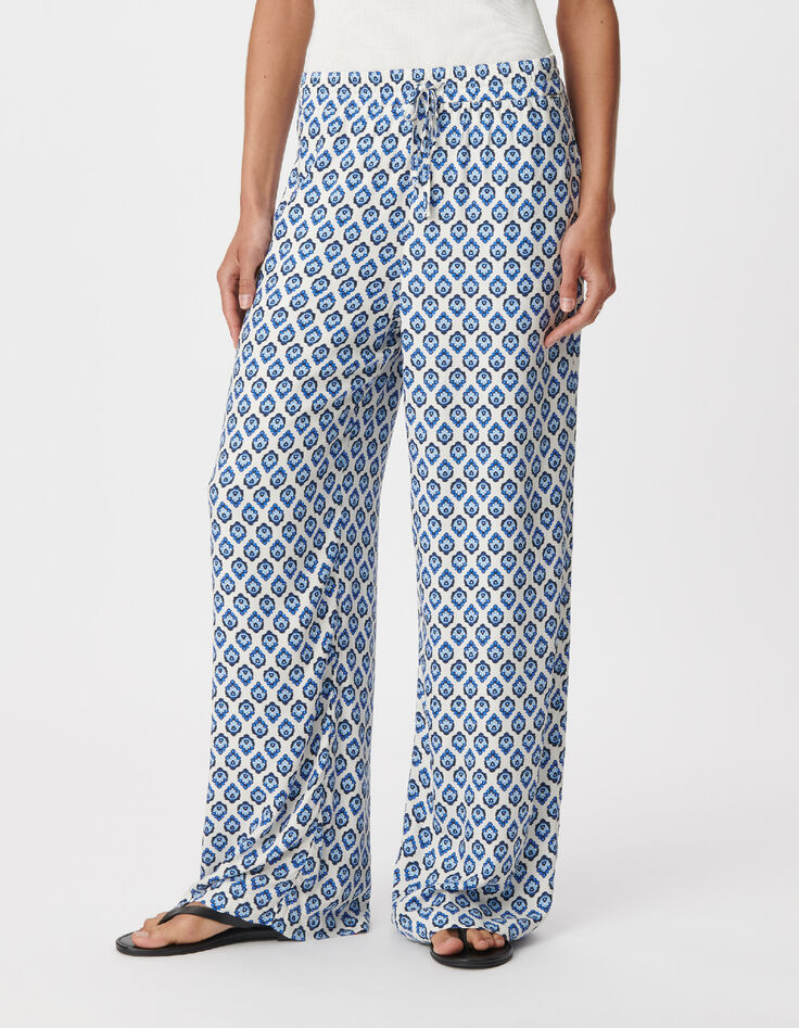 Pantalon large imprim&eacute; floral bleu Femme-3