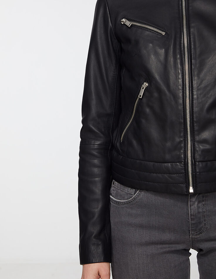 Women’s black beaded shoulder lambskin jacket-5