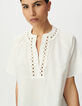 Women's loose-fitting blouse in ecru organic cotton with embroidered neckline-4