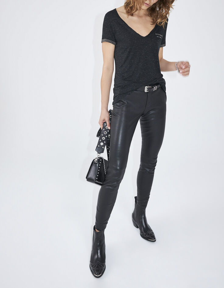 Camiseta cuello tunecino negra bolsillo pecho mujer -7 Camiseta cuello tunecino negra bolsillo pecho mujer -7
