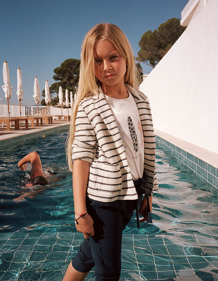 Cardigan-veste blanc cassé rayé navy en maille fille-1