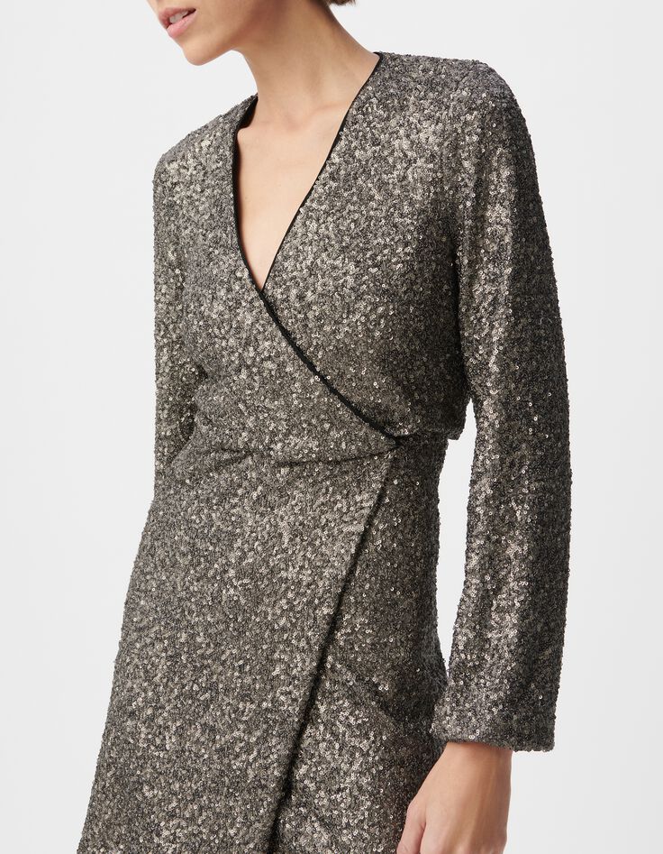 Robe portefeuille grise brod&eacute;e sequins m&eacute;tallis&eacute;s Femme-4
