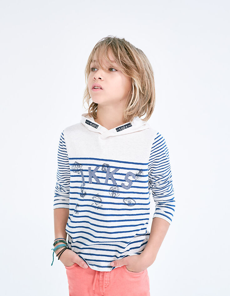 Tee-shirt marinière écru à capuche coton bio garçon-1 Tee-shirt marinière écru à capuche coton bio garçon-1