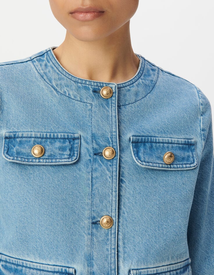 Veste en jean bleu waterless sans col Femme-4 Veste en jean bleu waterless sans col Femme-4