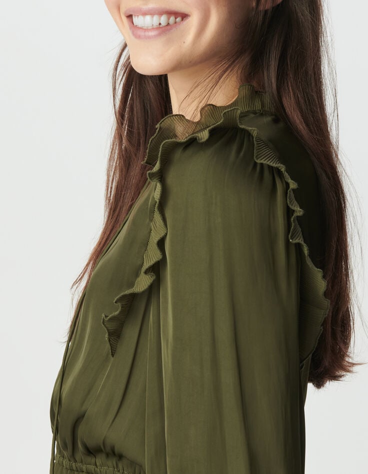 Kaki jurk gekreukt satijn en geplooide volants Dames-5