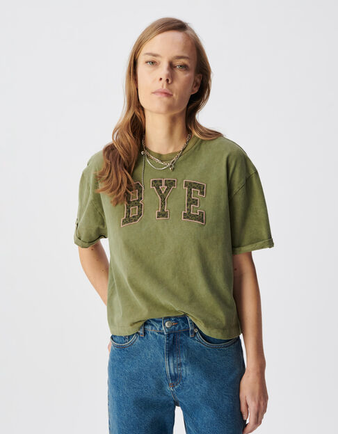 Tee-shirt kaki coton bio message l&eacute;opard brod&eacute; Femme - IKKS