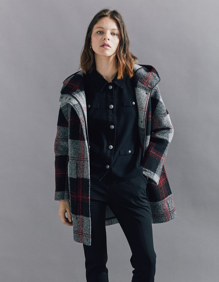 Cardigan bi-matière en maille et denim noir boutons femme-1