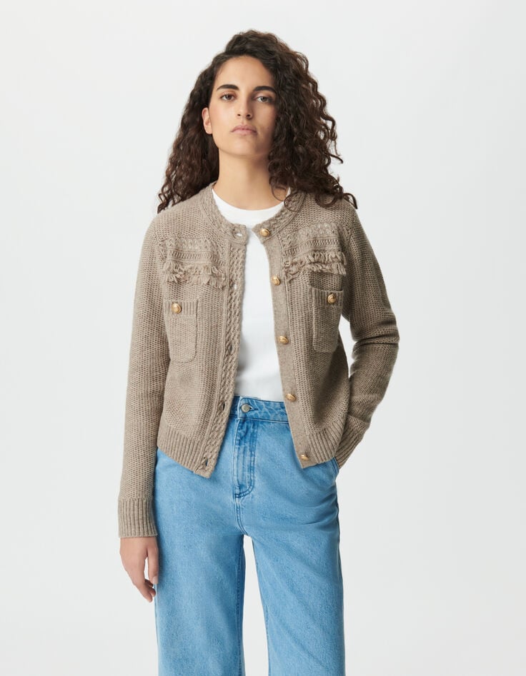 Women’s beige knit cardigan, fringed details, gold buttons-2 Women’s beige knit cardigan, fringed details, gold buttons-2