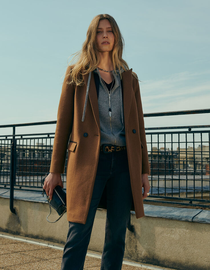 Manteau city acajou en majorité laine double col femme-1