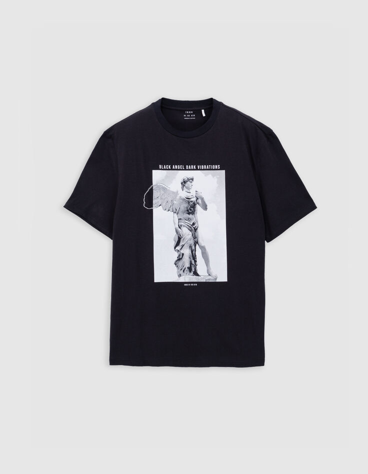 Men's black T-shirt with statue image and embroidery-5