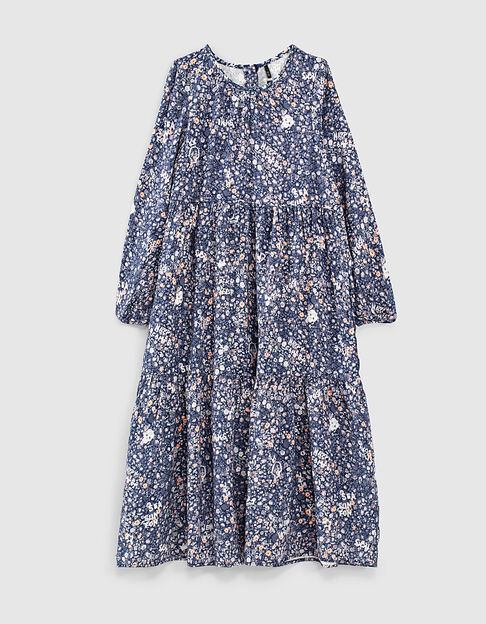 Girls' navy floral print Ecovero® long dress - IKKS