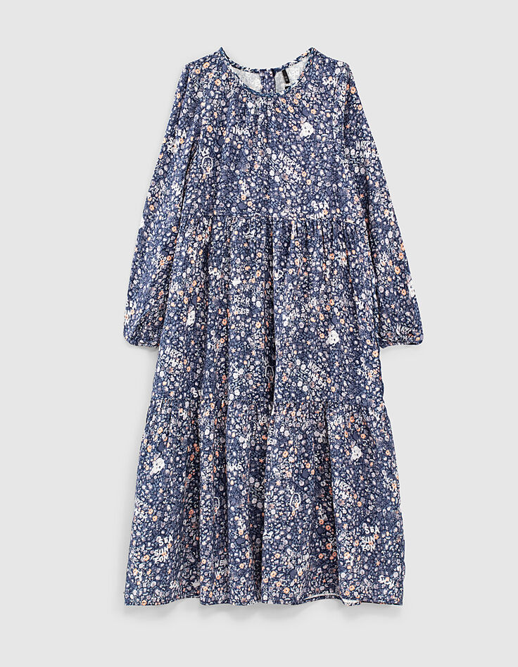 Langes marineblaues Mädchenkleid, Ecovero®, Blumen-Print -1