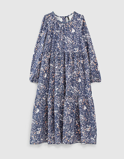 Girls' navy floral print Ecovero® long dress - IKKS