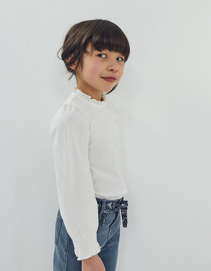 Girls’ ecru waffle T-shirt, pleated collar and cuffs-1