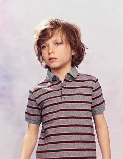 Polo gris oscuro con rayas negras y rosas niño  - IKKS