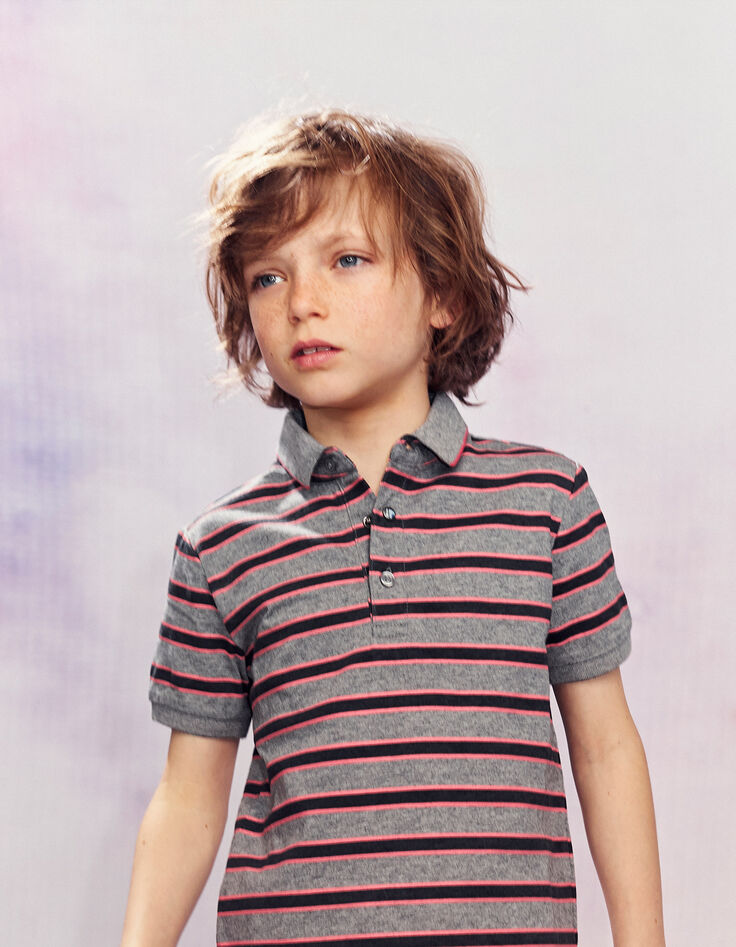 Polo gris oscuro con rayas negras y rosas niño -1