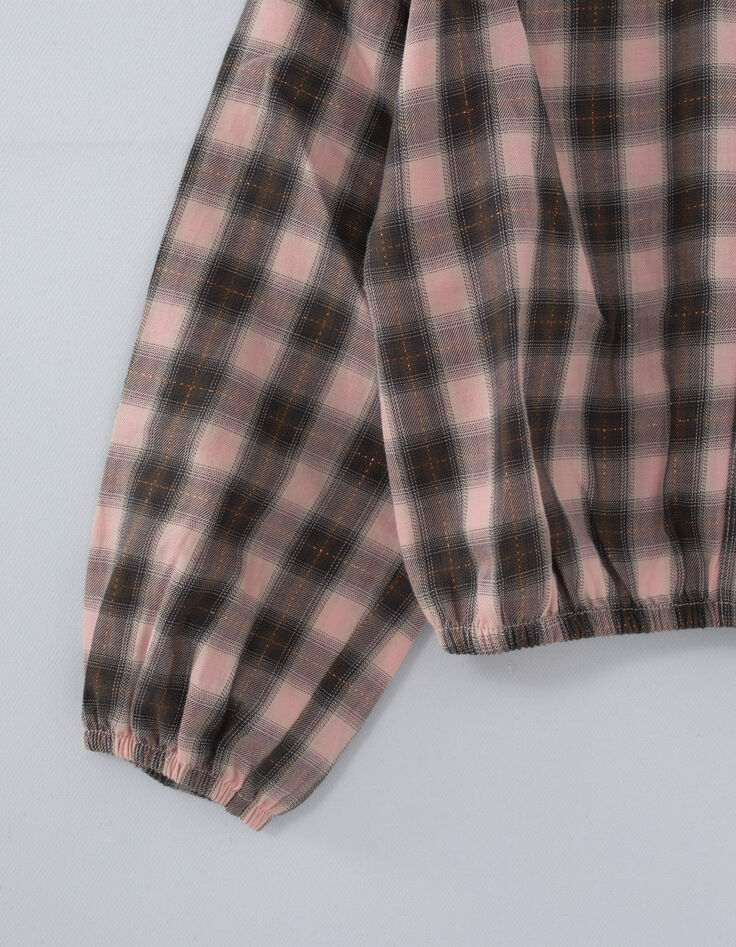Girls’ pink and khaki check cropped blouse-5