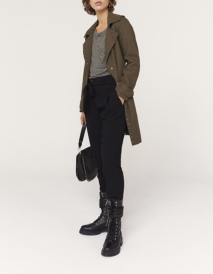 Trench long en lin kaki détails oeillets femme-7