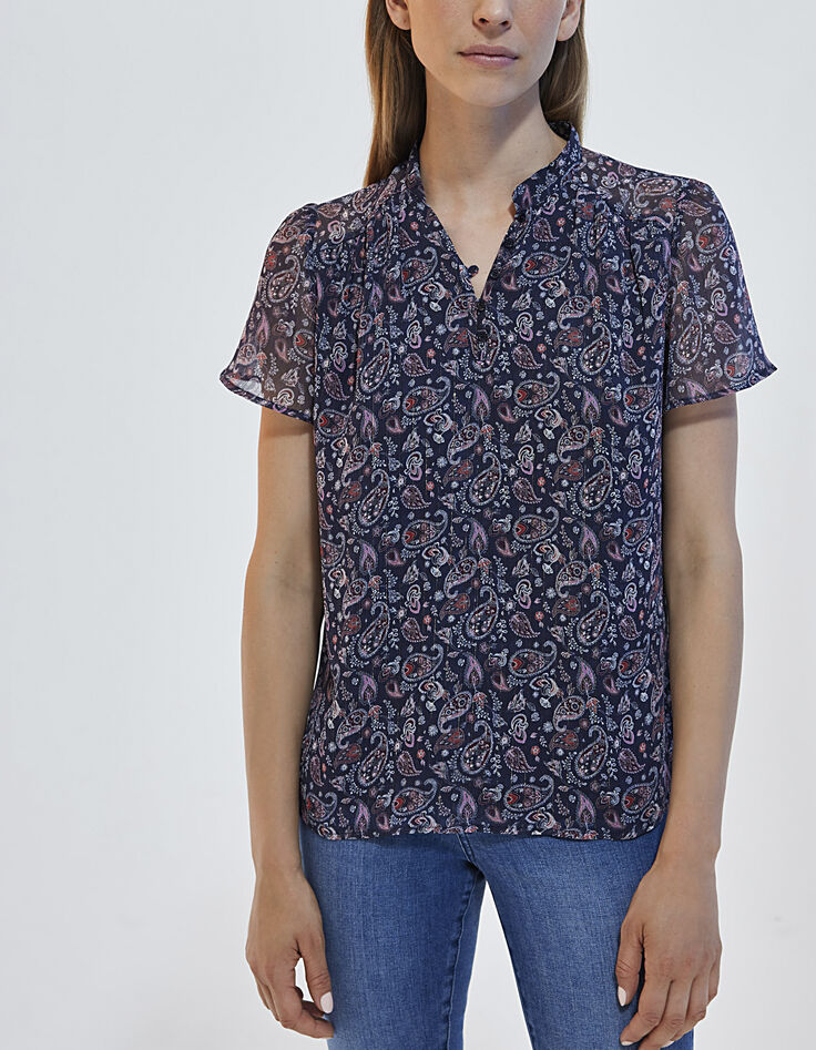 Kurz&auml;rmeliges Damenvoiletop mit Metallic-Paisley-Print-2