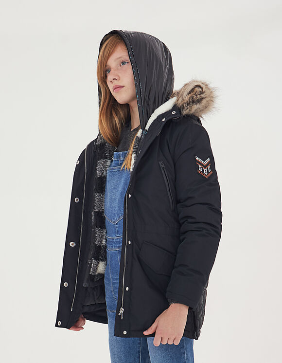 Girls 3 In 1 Black Reversible Parka With Jacket Reversible Parka With Jacket, Womens Black Short Parka Coat