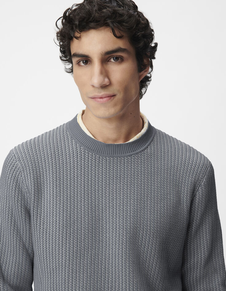 Heren Blauwe geribde jacquard trui-4