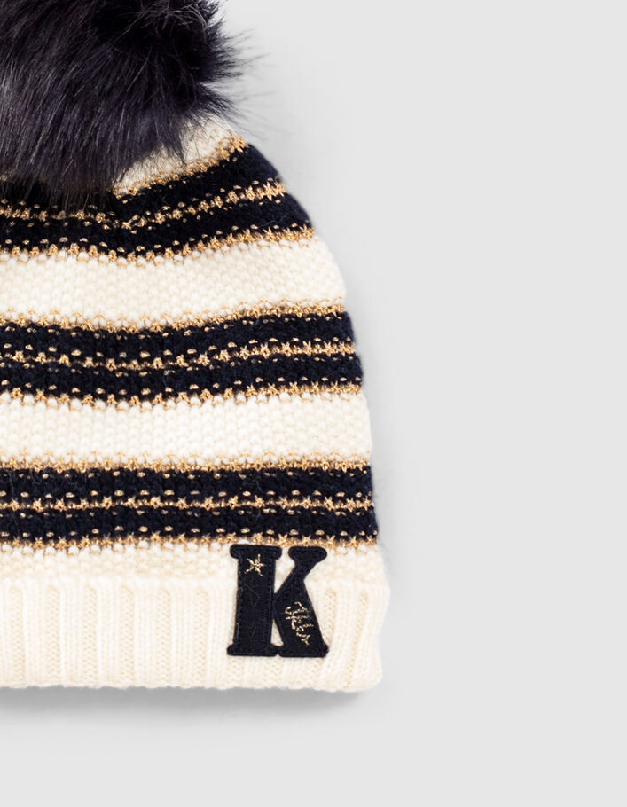 Girls’ ecru knit beanie with navy and gold stripes-3