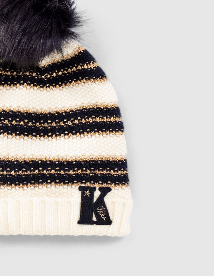 Girls’ ecru knit beanie with navy and gold stripes - IKKS