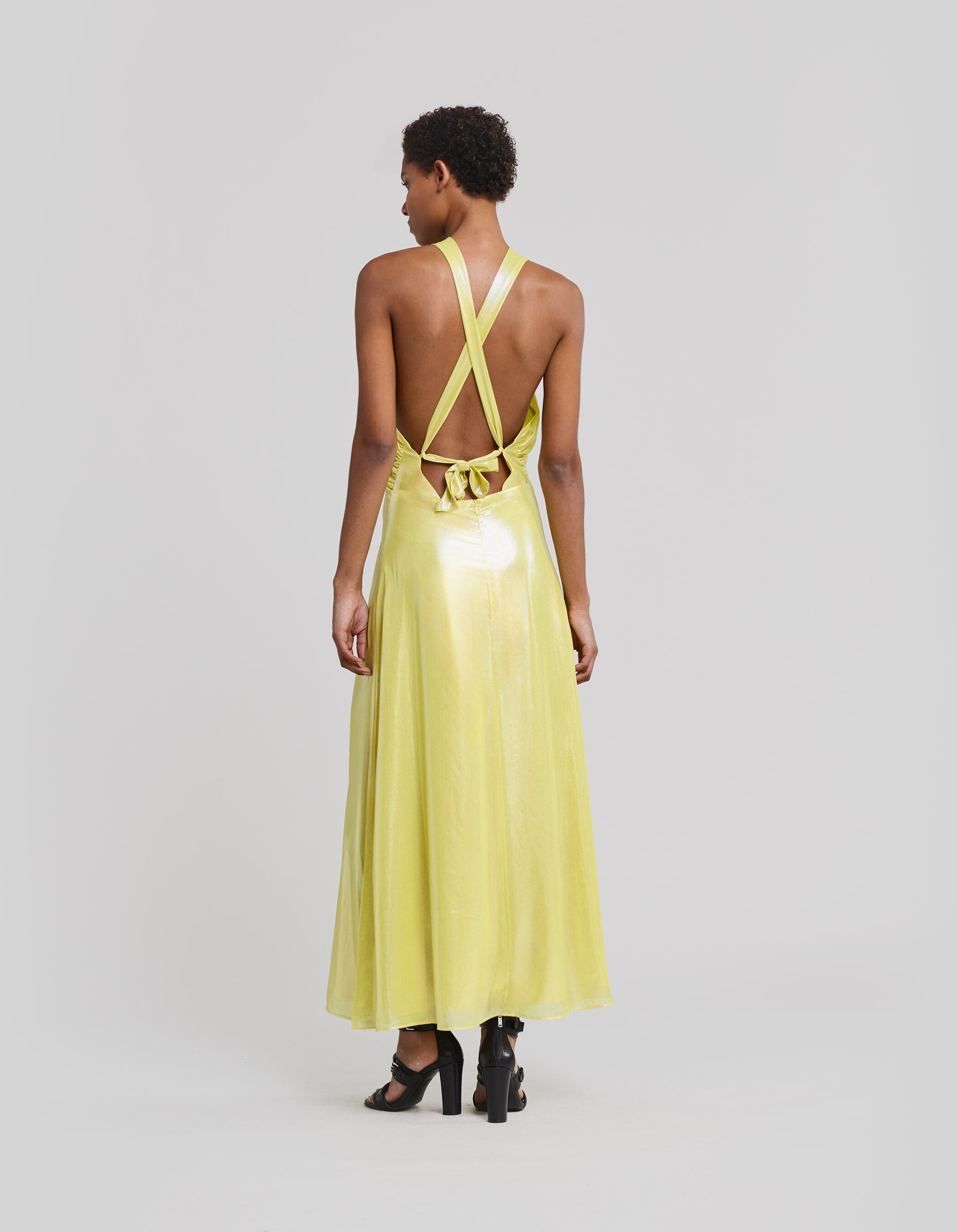 Women s yellow lame backless long dress IKKS
