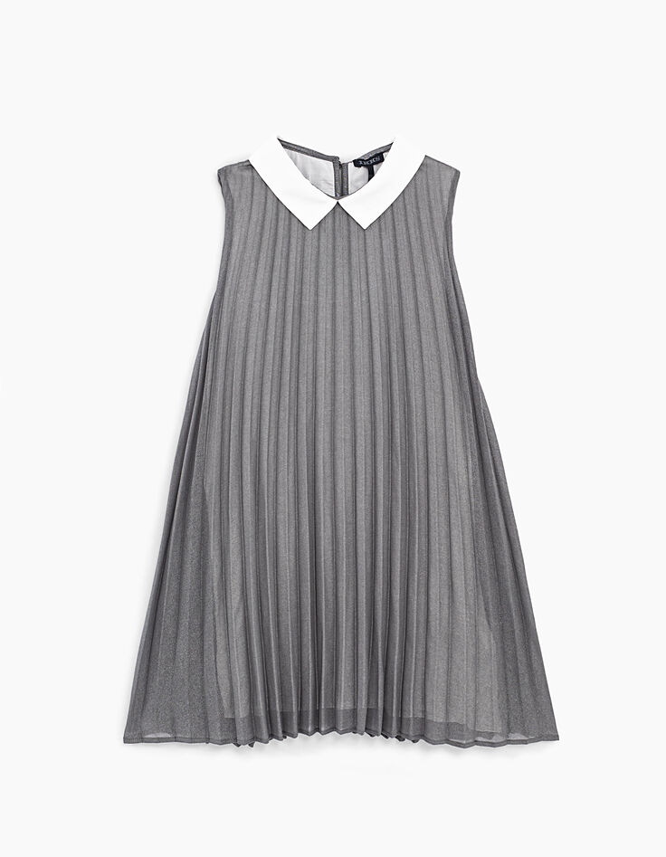 Robe argent plissée à col blanc fille-2 Robe argent plissée à col blanc fille-2