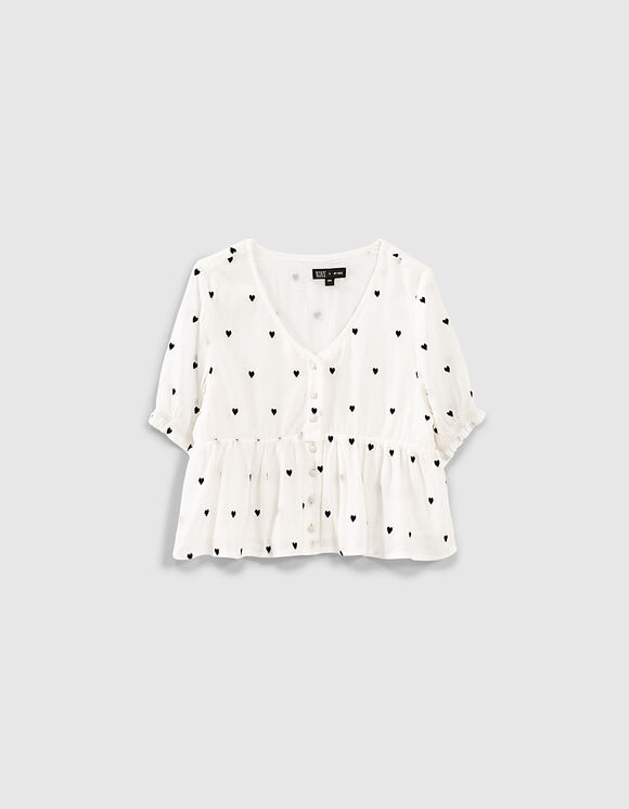 Girls’ off-white blouse embroidered with black hearts