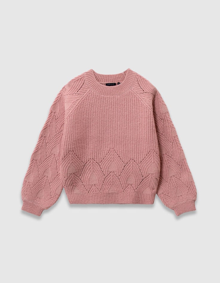 Girls’ pink knit sweater with jacquard sleeves-3 Girls’ pink knit sweater with jacquard sleeves-3