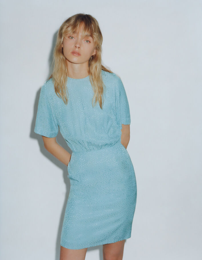 Vestido azul jacquard fantasía diseño gráfico mujer-7