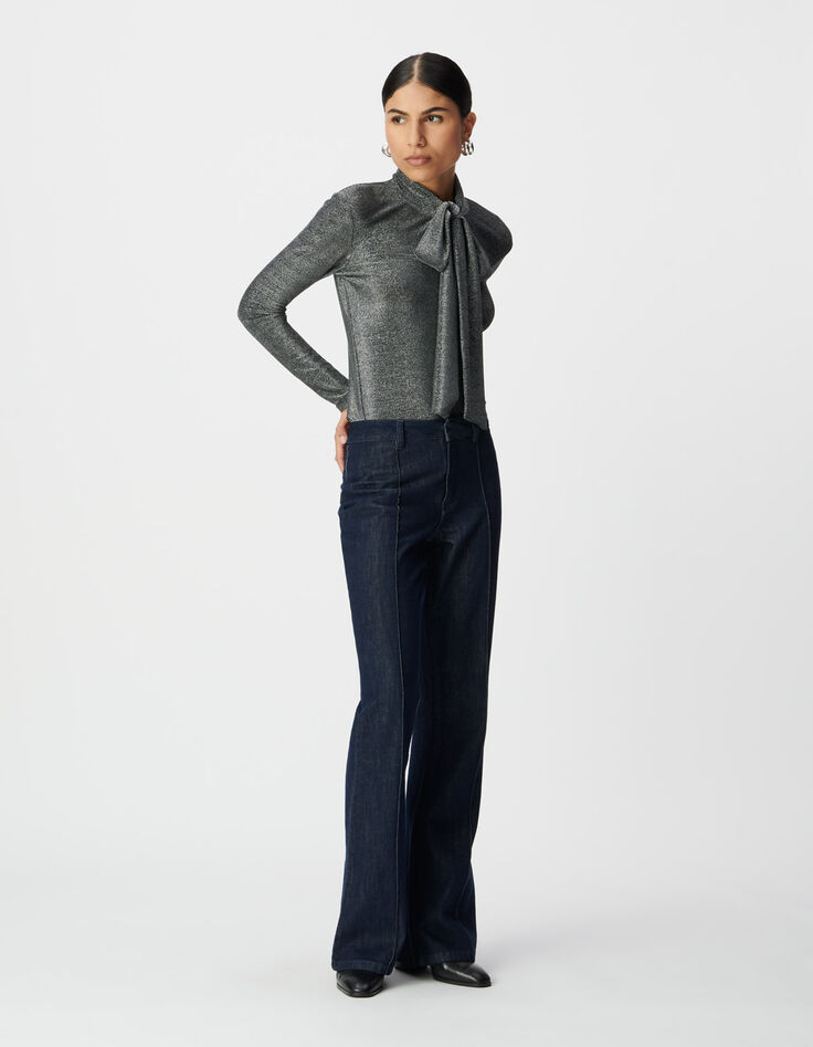 Women’s silver lurex knit T-shirt with neck tie-1