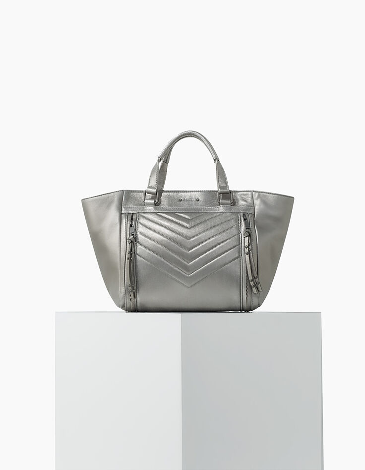 Sac cabas cuir argent LE 1440 MEDIUM SILVER matelassage chevrons femme-10
