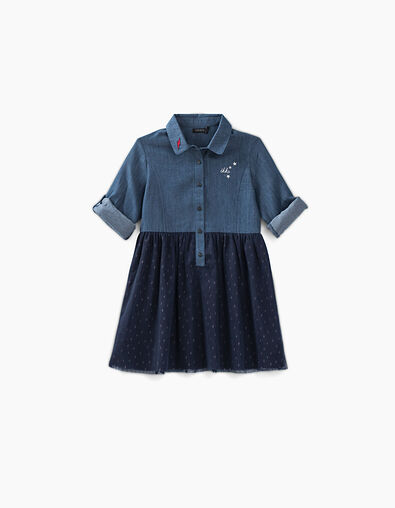 Vestido camisero índigo bi-tejido con tul niña - IKKS