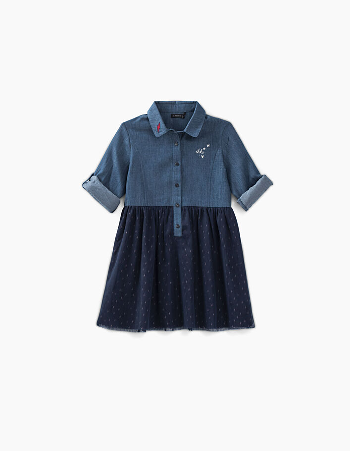 Girls' indigo mixed fabric shirt-dress with tulle - IKKS