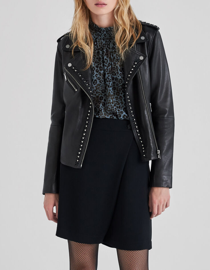 Women's black woven leather biker-style jacket with beads-2