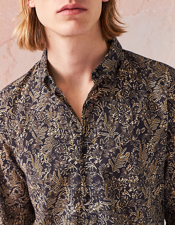 Zwart SLIM overhemd print gele bloemen Heren-4