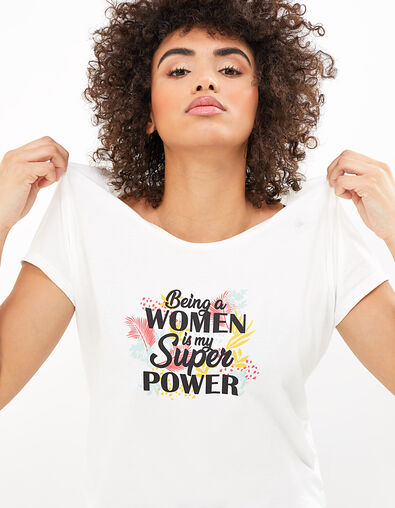 I.Code white organic T-shirt with slogan and exotic print